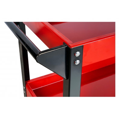 Detalle de la bandeja superior del carro de herramientas con soporte lateral.