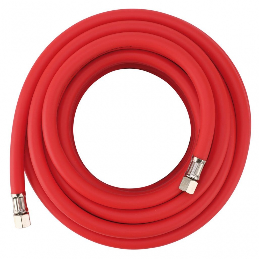 Vista superior de la manguera neumática roja 15 m x 10 mm en espiral.