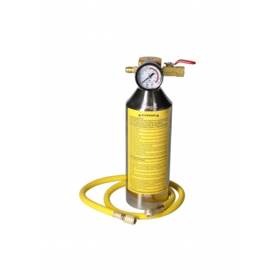 Botella INOX de 1 litro con manómetro de presión y manguera reforzada para limpieza de sistemas A/C.