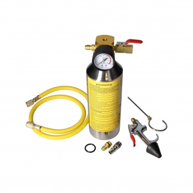 Kit completo de limpieza de circuito A/C con pistola, adaptadores y gancho de suspensión.
