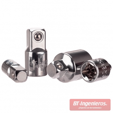 Set completo de 4 adaptadores para carraca 1/4–3/8–1/2 en acero cromo vanadio