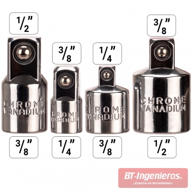 Cuatro adaptadores metálicos pulidos con inscripciones grabadas para cuadradillos 1/4, 3/8 y 1/2