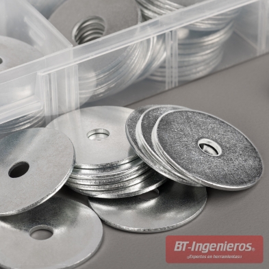 Arandelas planas grandes tipo penny washer organizadas por medidas