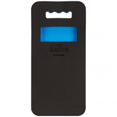 Alfombra de rodillas negra y azul con logo Satra y hueco central porta-piezas