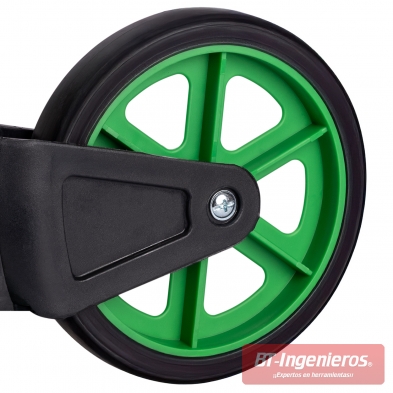 Detalle de rueda de goma verde Ø150 mm del carro de transporte