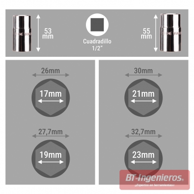 Medidas detalladas de vasos reversibles y cuadradillo 1/2 pulgada