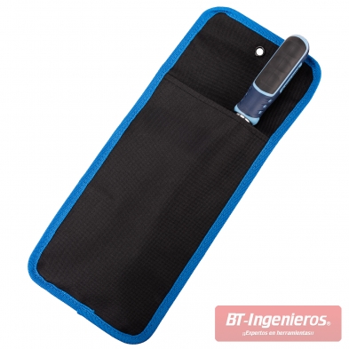 Funda textil negra con ribete azul para guardar llave de ruedas extensible
