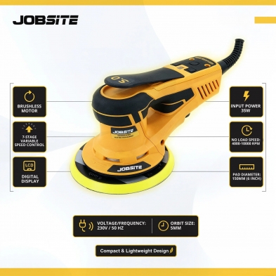 Detalle técnico de la lijadora excéntrica Jobsite con velocidad variable digital.