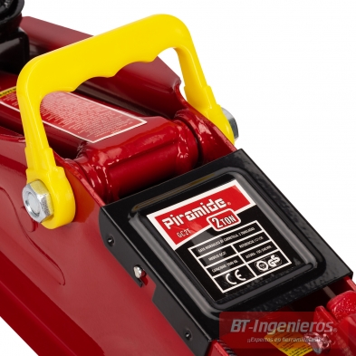 Gato hidráulico de carretilla rojo 2 toneladas con asa amarilla de transporte.