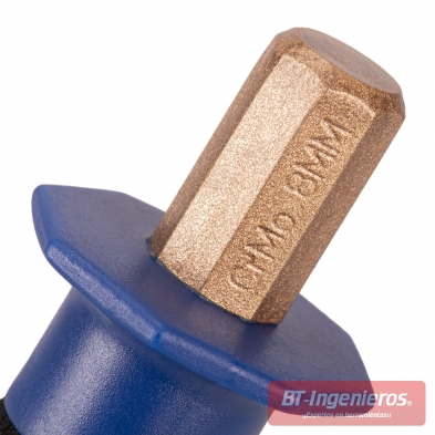 Detalle del cabezal hexagonal del botador con grabado de medida.