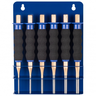 Juego completo de seis botadores largos con soporte metálico azul.