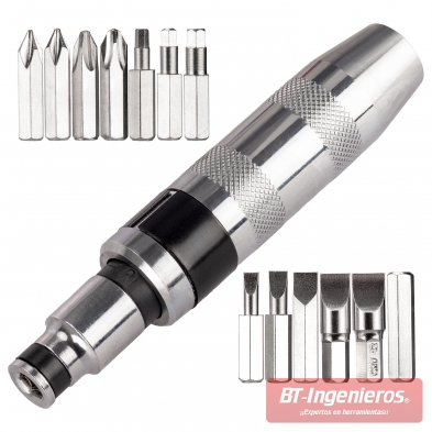 Detalle del destornillador de impacto 1/2 con adaptador y puntas intercambiables