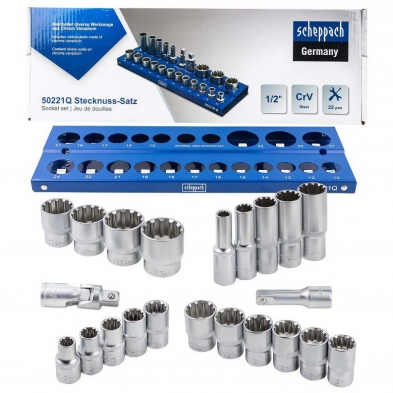 Set de vasos universales Scheppach 1/2 pulgadas en bandeja metálica