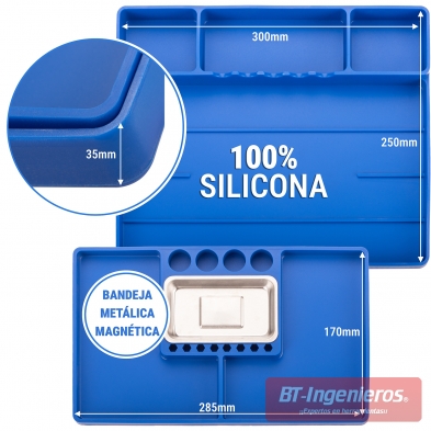 Bandeja de silicona profesional con compartimentos para vasos, llaves y tornillos.
