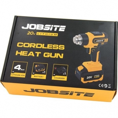 Caja original del decapador Jobsite 20V con batería 4Ah, cargador y accesorios.