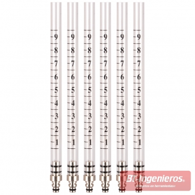 Probetas graduadas para comprobación del retorno de inyectores diésel 6 cilindros.