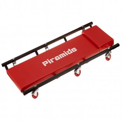 Camilla de mecánico Piramide con estructura de acero y acolchado rojo.