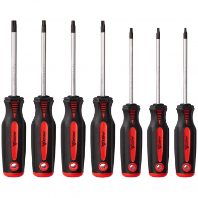 Juego de 7 destornilladores Torx ASTA con mangos negros y rojos, medidas T10 a T40 y símbolo Torx
