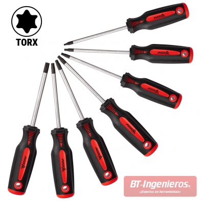 Destornilladores Torx ASTA alineados con varillas de 100 mm y puntas T10, T15, T20, T25, T27, T30 y T40