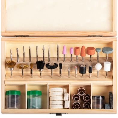Kit de accesorios para miniherramienta en caja de madera abierta con fresas, cepillos, piedras y discos