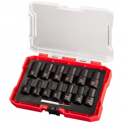 Juego de vasos extractores de tornillos dañados en maletín rojo con tapa transparente y medidas 6-19 mm