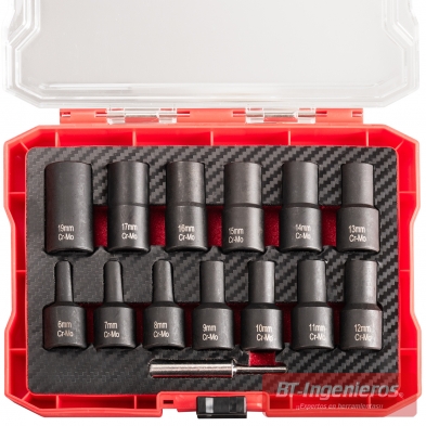 Vasos extractores Cr-Mo de 6 a 19 mm ordenados en maletín con inserto negro y varilla auxiliar