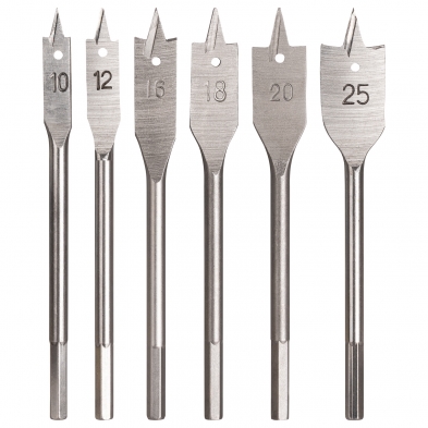 Juego de 6 brocas planas para madera con medidas 10, 12, 16, 18, 20 y 25 mm sobre fondo blanco