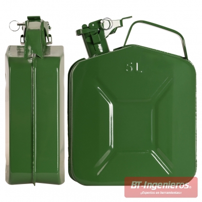 Vistas frontal y lateral del jerrycan de acero de 5 litros, con cuerpo rectangular y marcado 5 L
