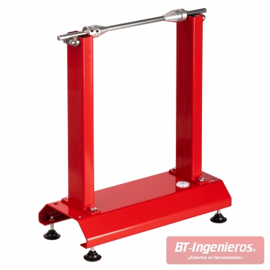 Perspectiva general de la equilibradora estática manual con estructura roja, conos y nivel de burbuja