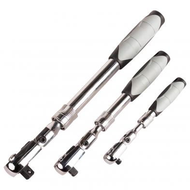 Tres carracas articuladas de 1/4", 3/8" y 1/2" mostradas con diferentes longitudes de mango