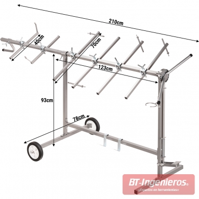 Esquema de dimensiones del soporte rotatorio: 210 cm de longitud, 93 cm de altura y 78 cm de fondo