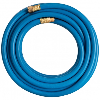 Manguera neumática profesional azul de 10 m enrollada, con terminales roscados macho y hembra BSP de 1/4"
