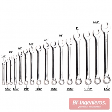 Infografía del juego de 16 llaves combinadas en pulgadas con medidas de 1/4" a 1-1/4"