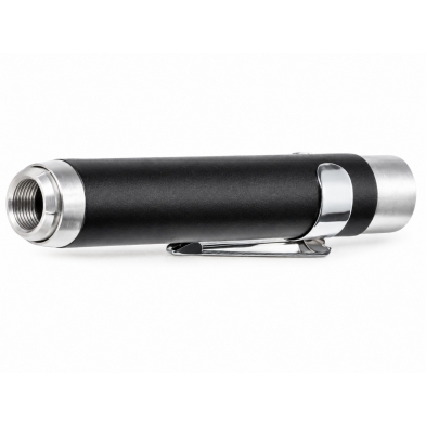 Soporte de aluminio para marcadores de neumáticos de 11 a 13 mm con cuerpo negro y clip metálico.