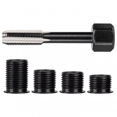 Conjunto formado por el macho HSS y cuatro insertos roscados de 0,95, 1,11, 1,27 y 1,91 cm de longitud.