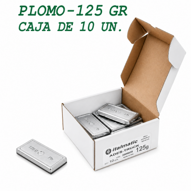 Caja de 10 contrapesos adhesivos de plomo de 125 gramos para ruedas de vehículos industriales.