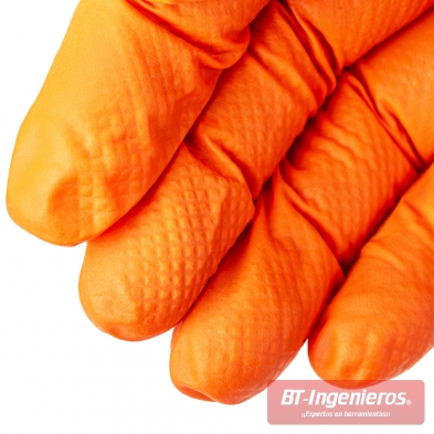 Detalle textura diamantada guantes nitrilo naranja talla L
