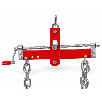 Vista frontal del equilibrador de carga para motor con 4 cadenas, ganchos y travesaño rojo
