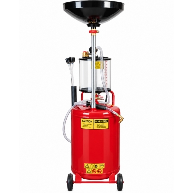 Extractor de aceite usado con depósito rojo, mangueras transparentes y bandeja superior negra.