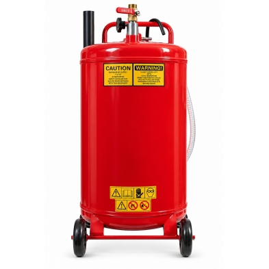 Depósito principal rojo de 80 L del drenador de aceite usado con ruedas y etiquetas de seguridad.