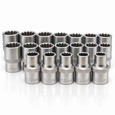 Juego de 19 vasos universales multiperfil con acabado metálico y perfil interior multidiente