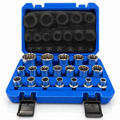 Juego de 19 vasos multiperfil de 1/2" ordenados por medidas en maletín azul abierto