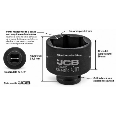Vaso de impacto JCB 40 mm con medidas, cuadradillo de 1/2" y orificio lateral para pasador.