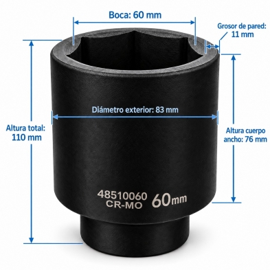Medida de la llave de vaso de impacto largo de 60 mm en acero CROMO MOLIBDENO con perfil hexagonal de 6 caras.