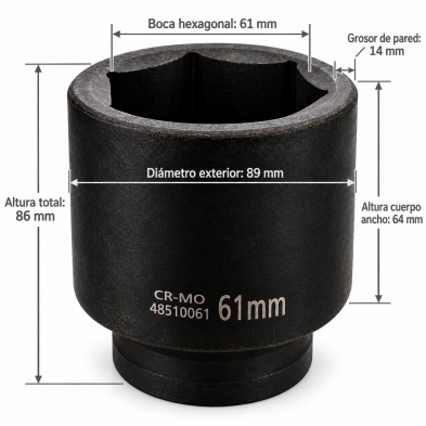 Medida de la llave de vaso de impacto largo de 61 mm en acero CROMO MOLIBDENO con perfil hexagonal de 6 caras.