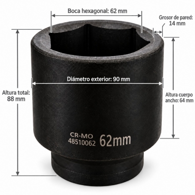 Medida de la llave de vaso de impacto largo de 62 mm en acero CROMO MOLIBDENO con perfil hexagonal de 6 caras.