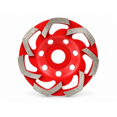 Copa diamantada roja de 125 mm con 8 segmentos tipo S y orificio central de montaje.