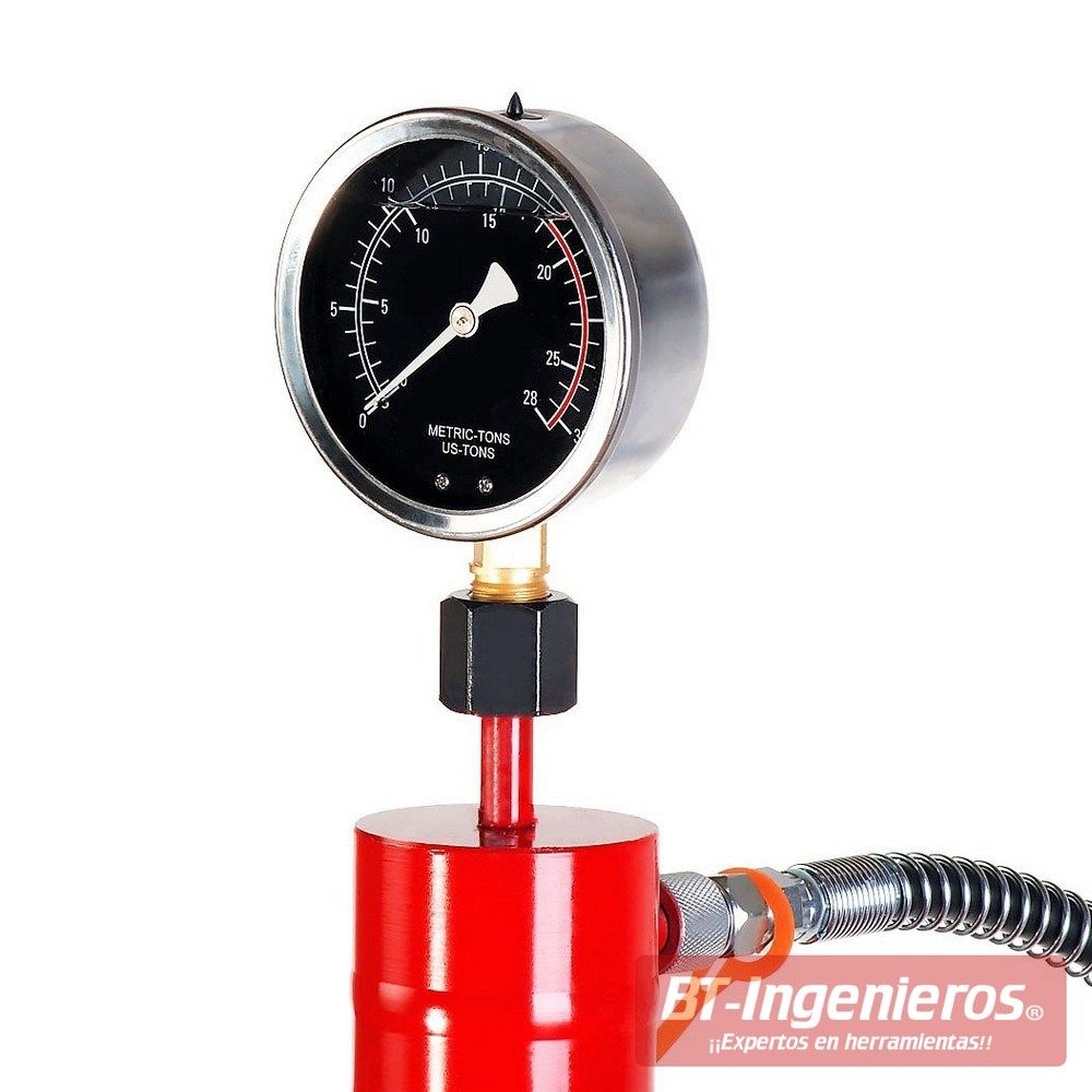 Manómetro de la prensa con marcas de 0 a 20 Toneladas.