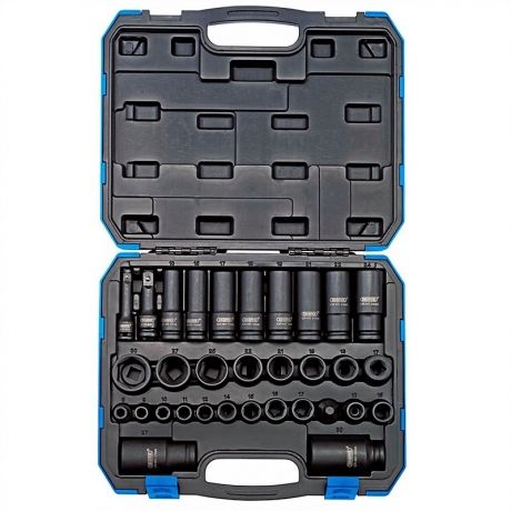 con una caja de pl/ástico. Juego de 12 llaves de vaso de impacto profundo de 24 a 41 mm
