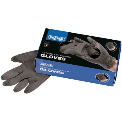 Pack de 100 guantes de nitrilo resistentes Draper. Color negro